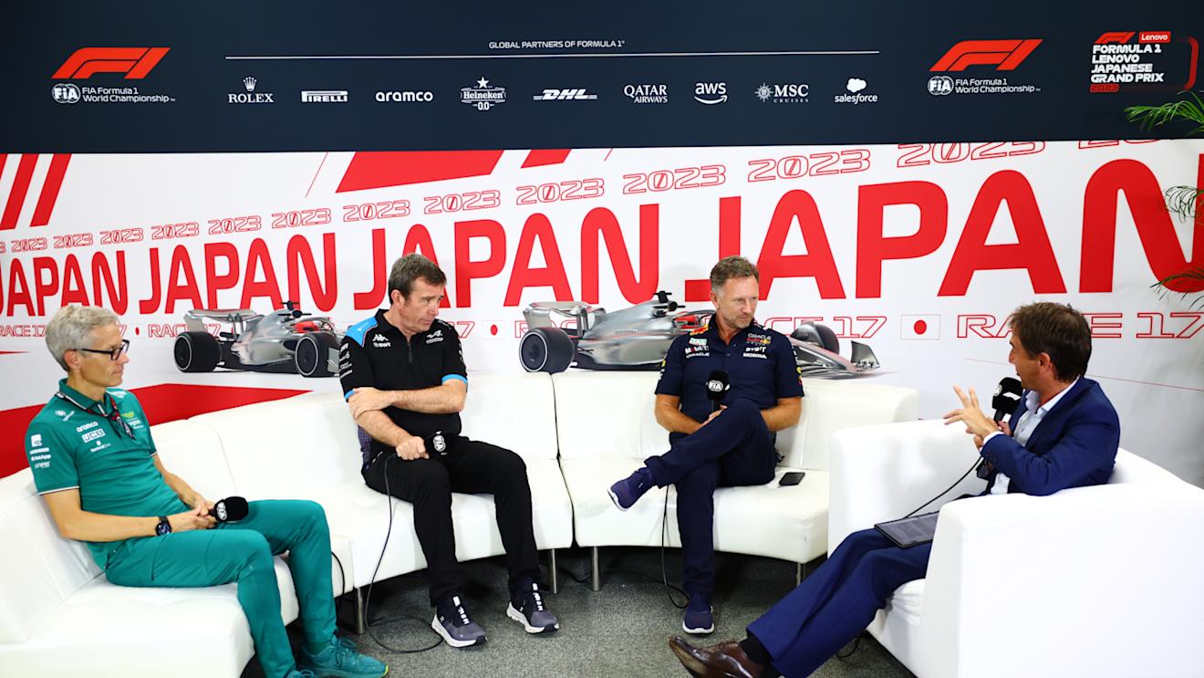 SUZUKA, JAPAN - SEPTEMBER 22: Mike Krack, Team Principal of the Aston Martin F1 Team, Bruno Famin, Interim Team Principal of Alpine F1 and Red Bull Racing Team Principal Christian Horner attend the Team Principals Press Conference during practice ahead of the F1 Grand Prix of Japan at Suzuka International Racing Course on September 22, 2023 in Suzuka, Japan. (Photo by Dan Istitene/Getty Images)