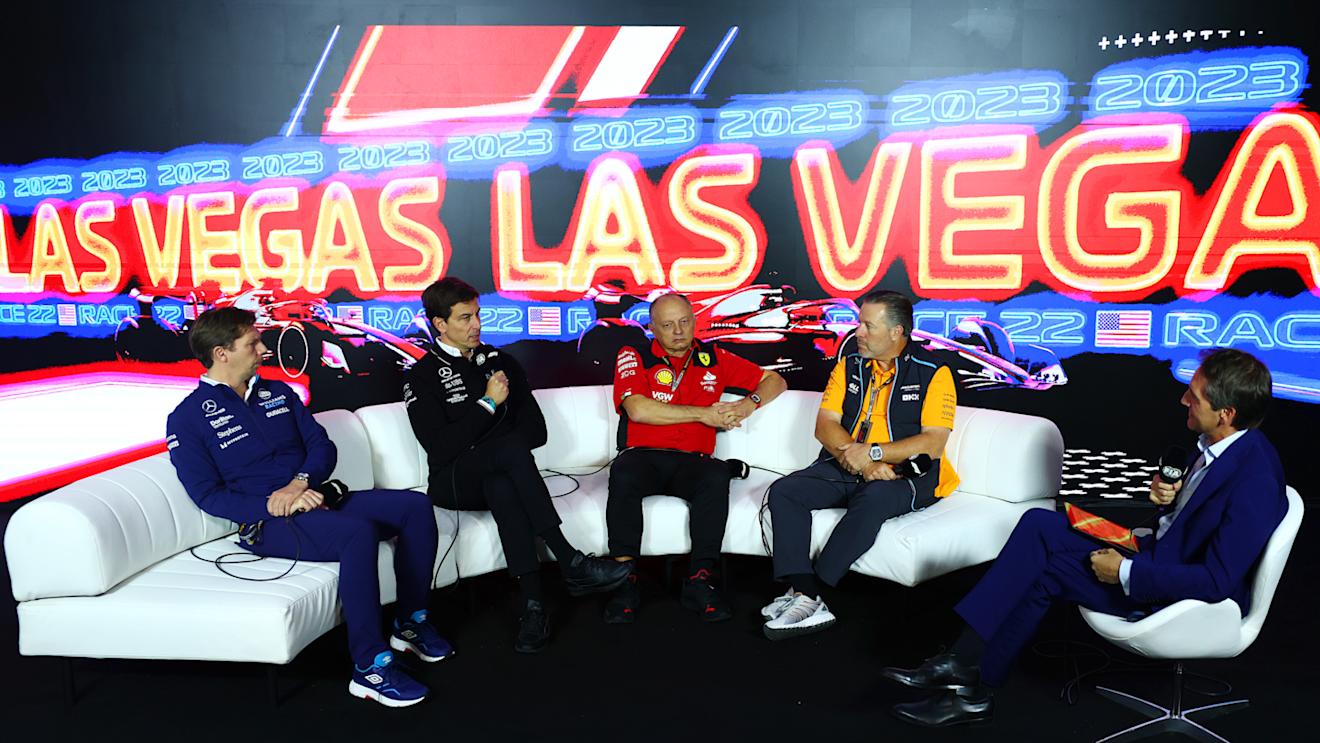 LAS VEGAS, NEVADA - NOVEMBER 16: James Vowles, Team Principal of Williams, Mercedes GP Executive Director Toto Wolff, Ferrari Team Principal Frederic Vasseur and McLaren Chief Executive Officer Zak Brown attend a Team Principals Press Conference ahead of the F1 Grand Prix of Las Vegas at Las Vegas Strip Circuit on November 16, 2023 in Las Vegas, Nevada. (Photo by Dan Istitene/Getty Images)