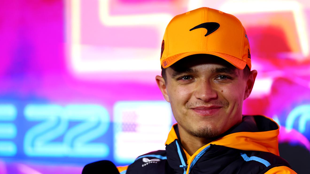 LAS VEGAS, NEVADA - NOVEMBER 15: Lando Norris of Great Britain and McLaren looks on in the Drivers Press Conference  during previews ahead of the F1 Grand Prix of Las Vegas at Las Vegas Strip Circuit on November 15, 2023 in Las Vegas, Nevada. (Photo by Dan Istitene/Getty Images)