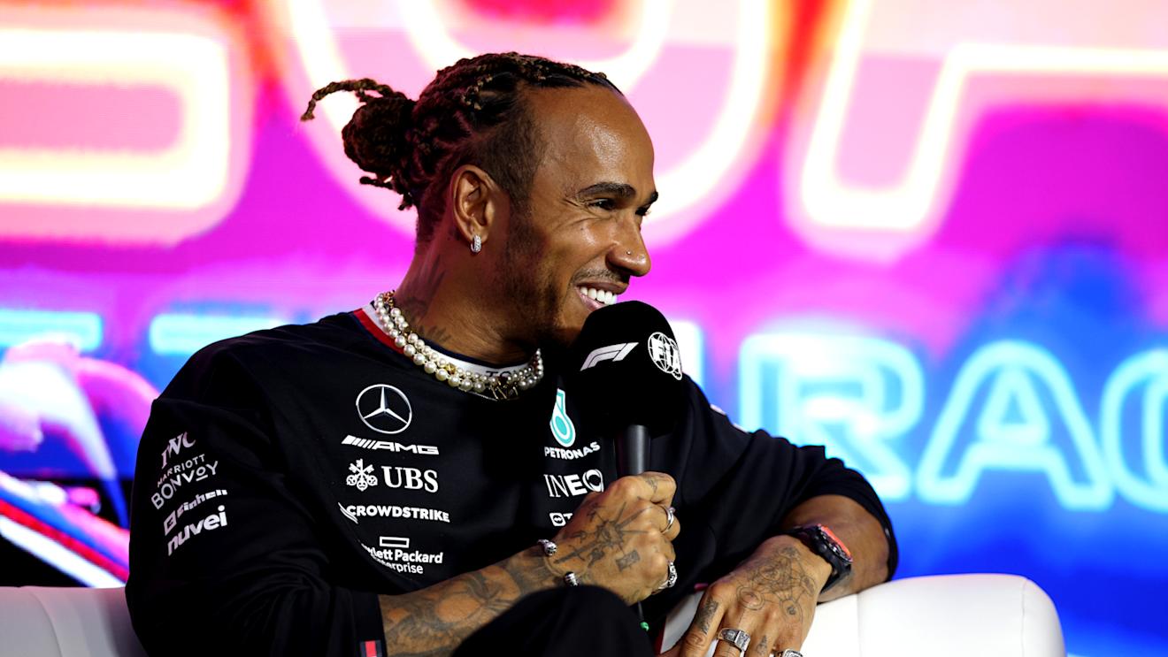 LAS VEGAS, NEVADA - NOVEMBER 15: Lewis Hamilton of Great Britain and Mercedes talks in the Drivers Press Conference during previews ahead of the F1 Grand Prix of Las Vegas at Las Vegas Strip Circuit on November 15, 2023 in Las Vegas, Nevada. (Photo by Jared C. Tilton/Getty Images)