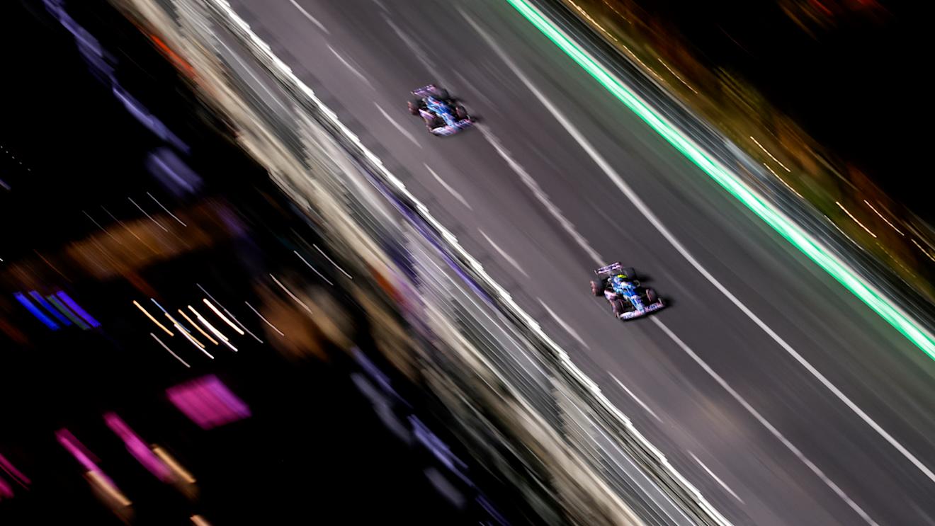 LAS VEGAS, NEVADA - NOVEMBER 17: Pierre Gasly of France driving the (10) Alpine F1 A523 Renault leads Esteban Ocon of France driving the (31) Alpine F1 A523 Renault during final practice ahead of the F1 Grand Prix of Las Vegas at Las Vegas Strip Circuit on November 17, 2023 in Las Vegas, Nevada. (Photo by Chris Graythen - Formula 1/Formula 1 via Getty Images)