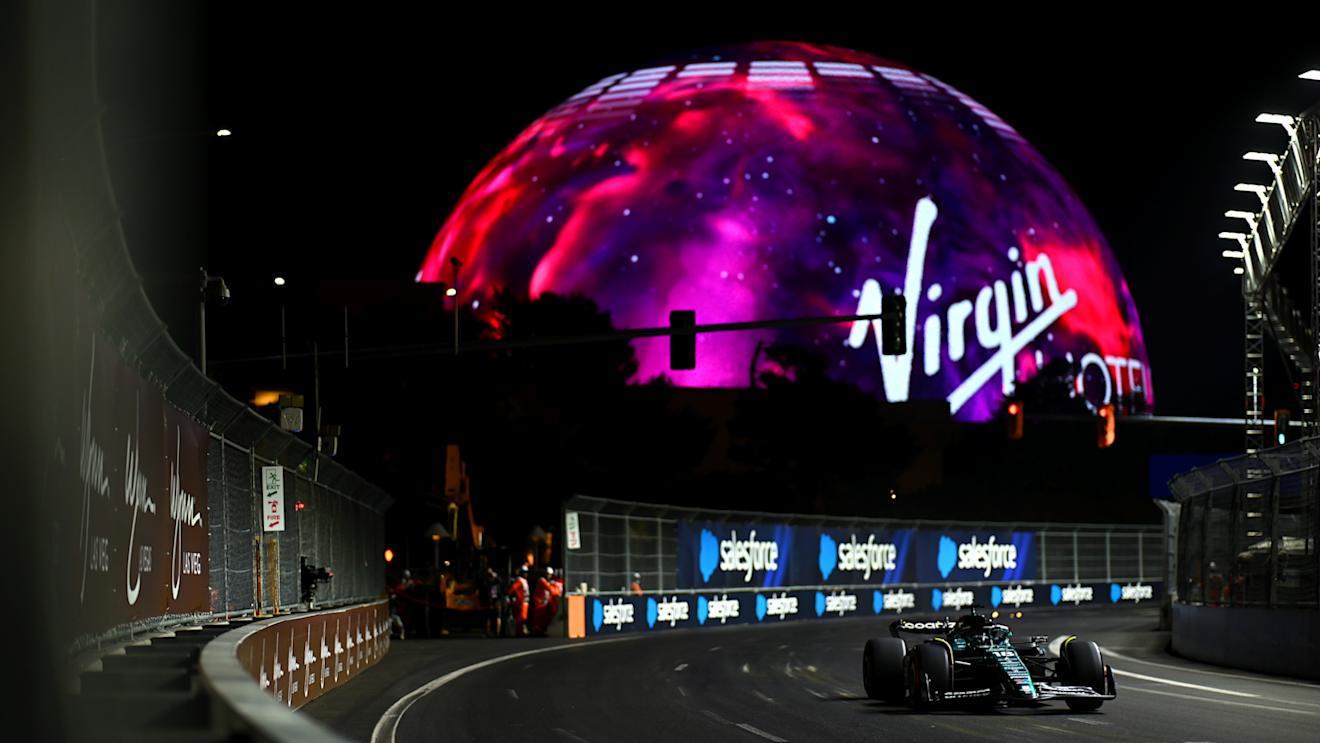 LAS VEGAS, NEVADA - NOVEMBER 17: Lance Stroll of Canada driving the (18) Aston Martin AMR23 Mercedes on track during final practice ahead of the F1 Grand Prix of Las Vegas at Las Vegas Strip Circuit on November 17, 2023 in Las Vegas, Nevada. (Photo by Clive Mason - Formula 1/Formula 1 via Getty Images)