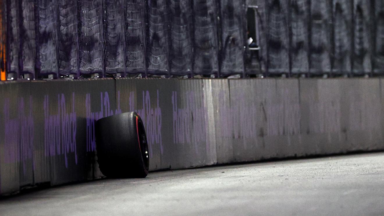 LAS VEGAS, NEVADA - NOVEMBER 17: A wheel from the car of Alexander Albon of Thailand driving the (23) Williams FW45 Mercedes is seen at the side of the track during final practice ahead of the F1 Grand Prix of Las Vegas at Las Vegas Strip Circuit on November 17, 2023 in Las Vegas, Nevada. (Photo by Jared C. Tilton/Getty Images)