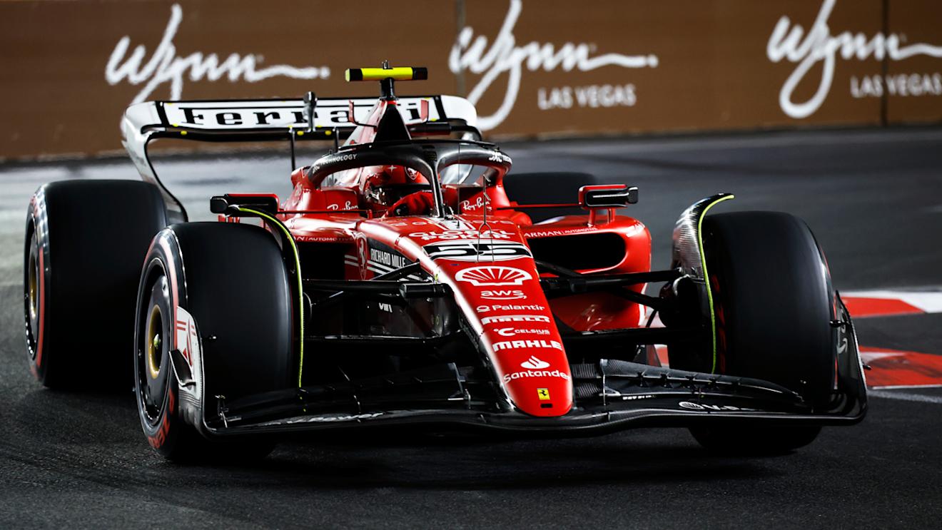LAS VEGAS, NEVADA - NOVEMBER 18: Carlos Sainz of Spain driving (55) the Ferrari SF-23 on track during qualifying ahead of the F1 Grand Prix of Las Vegas at Las Vegas Strip Circuit on November 18, 2023 in Las Vegas, Nevada. (Photo by Chris Graythen/Getty Images)