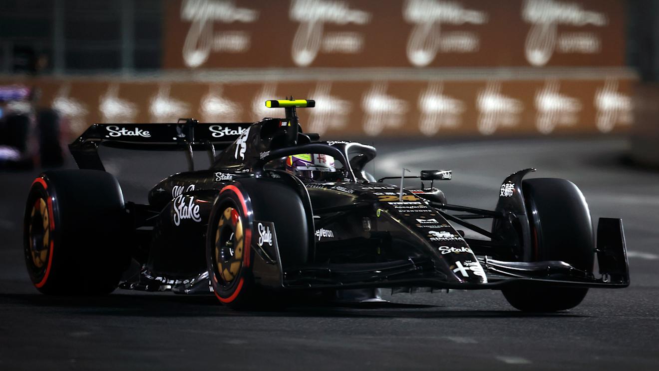 LAS VEGAS, NEVADA - NOVEMBER 18: Zhou Guanyu of China driving the (24) Alfa Romeo F1 C43 Ferrari on track during qualifying ahead of the F1 Grand Prix of Las Vegas at Las Vegas Strip Circuit on November 18, 2023 in Las Vegas, Nevada. (Photo by Chris Graythen/Getty Images)