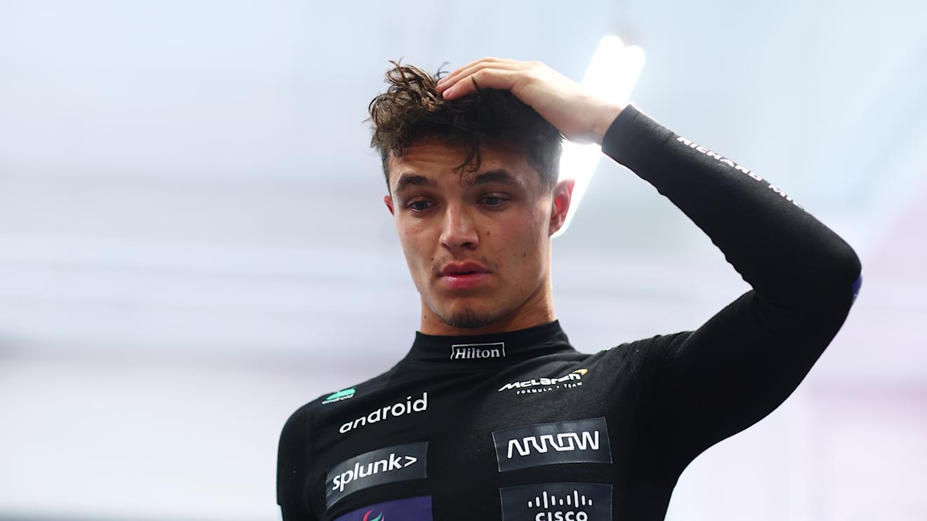 LAS VEGAS, NEVADA - NOVEMBER 18: Sixteenth placed qualifier Lando Norris of Great Britain and McLaren looks on in the FIA Garage after qualifying ahead of the F1 Grand Prix of Las Vegas at Las Vegas Strip Circuit on November 18, 2023 in Las Vegas, Nevada. (Photo by Dan Istitene - Formula 1/Formula 1 via Getty Images)