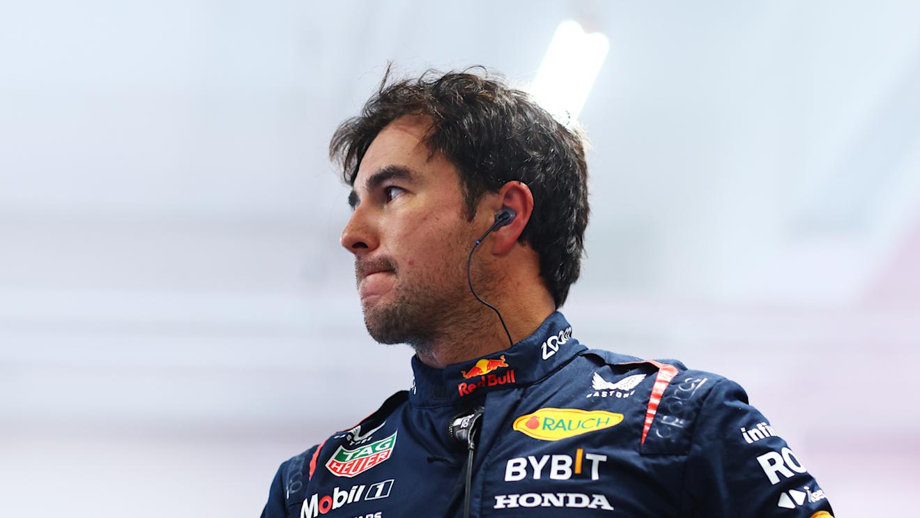 LAS VEGAS, NEVADA - NOVEMBER 18: Twelfth placed qualifier Sergio Perez of Mexico and Oracle Red Bull Racing looks on in the FIA Garage after qualifying ahead of the F1 Grand Prix of Las Vegas at Las Vegas Strip Circuit on November 18, 2023 in Las Vegas, Nevada. (Photo by Dan Istitene - Formula 1/Formula 1 via Getty Images)