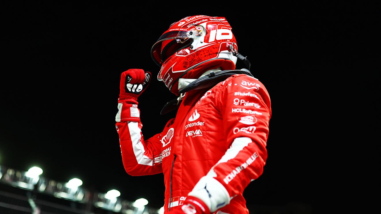 LAS VEGAS, NEVADA - NOVEMBER 18: Pole position qualifier Charles Leclerc of Monaco and Ferrari celebrates in parc ferme during qualifying ahead of the F1 Grand Prix of Las Vegas at Las Vegas Strip Circuit on November 18, 2023 in Las Vegas, Nevada. (Photo by Dan Istitene - Formula 1/Formula 1 via Getty Images)