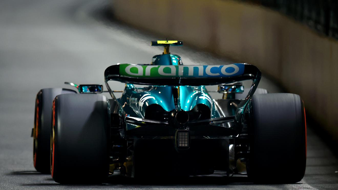 LAS VEGAS, NEVADA - NOVEMBER 18: Fernando Alonso of Spain driving the (14) Aston Martin AMR23 Mercedes on track during qualifying ahead of the F1 Grand Prix of Las Vegas at Las Vegas Strip Circuit on November 18, 2023 in Las Vegas, Nevada. (Photo by Chris Graythen/Getty Images)