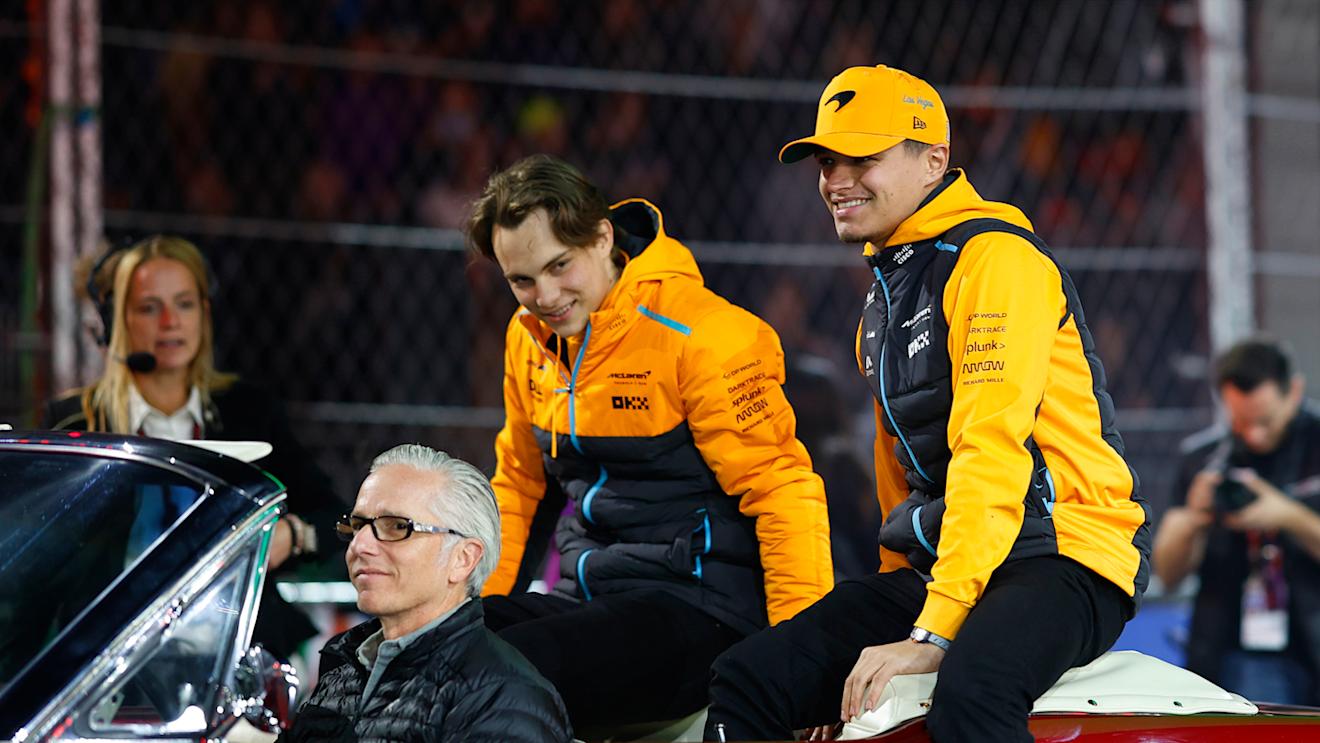 LAS VEGAS, NEVADA - NOVEMBER 18: Oscar Piastri of Australia and McLaren and Lando Norris of Great Britain and McLaren look on prior to the F1 Grand Prix of Las Vegas at Las Vegas Strip Circuit on November 18, 2023 in Las Vegas, Nevada. (Photo by Chris Graythen/Getty Images)