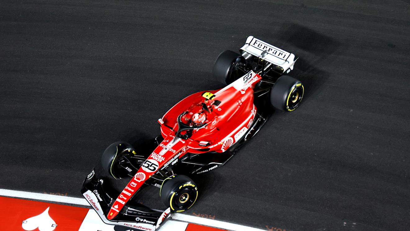 LAS VEGAS, NEVADA - NOVEMBER 18: Carlos Sainz of Spain driving (55) the Ferrari SF-23 spins on track during the F1 Grand Prix of Las Vegas at Las Vegas Strip Circuit on November 18, 2023 in Las Vegas, Nevada. (Photo by Chris Graythen/Getty Images)