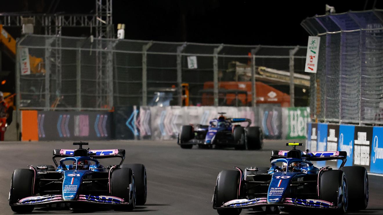 LAS VEGAS, NEVADA - NOVEMBER 18: Esteban Ocon of France driving the (31) Alpine F1 A523 Renault and Pierre Gasly of France driving the (10) Alpine F1 A523 Renault battle for track position on track during the F1 Grand Prix of Las Vegas at Las Vegas Strip Circuit on November 18, 2023 in Las Vegas, Nevada. (Photo by Chris Graythen/Getty Images)
