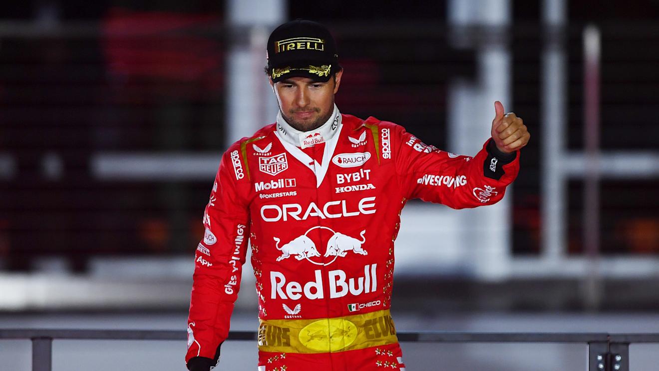 LAS VEGAS, NEVADA - NOVEMBER 18: Third placed Sergio Perez of Mexico and Oracle Red Bull Racing looks on from the podium during the F1 Grand Prix of Las Vegas at Las Vegas Strip Circuit on November 18, 2023 in Las Vegas, Nevada. (Photo by Rudy Carezzevoli/Getty Images)