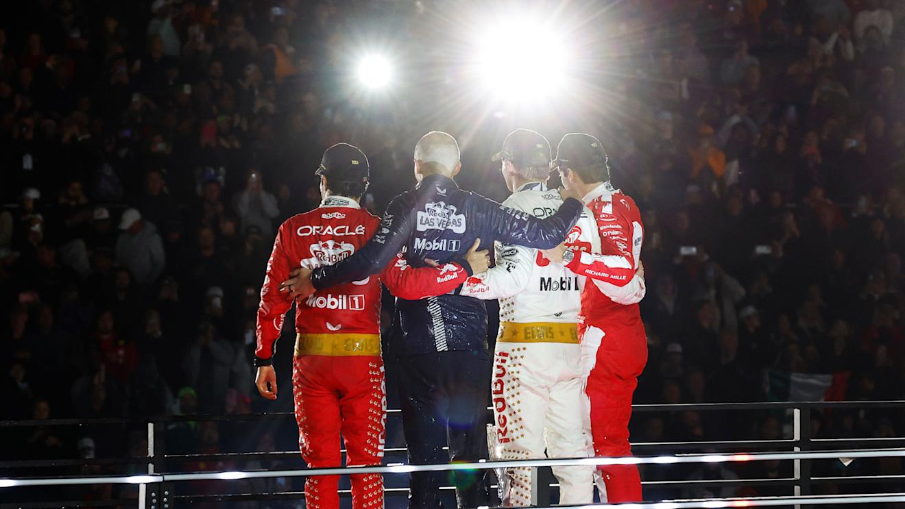 LAS VEGAS, NEVADA - NOVEMBER 18: Race winner Max Verstappen of the Netherlands and Oracle Red Bull Racing, Second placed Charles Leclerc of Monaco and Ferrari and Third placed Sergio Perez of Mexico and Oracle Red Bull Racing celebrate on the podium during the F1 Grand Prix of Las Vegas at Las Vegas Strip Circuit on November 18, 2023 in Las Vegas, Nevada. (Photo by Chris Graythen/Getty Images)