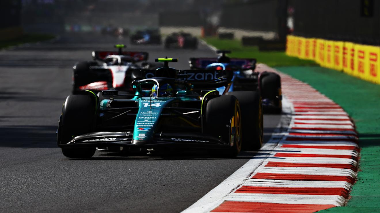 MEXICO CITY, MEXICO - OCTOBER 29: Fernando Alonso of Spain driving the (14) Aston Martin AMR23 Mercedes on track during the F1 Grand Prix of Mexico at Autodromo Hermanos Rodriguez on October 29, 2023 in Mexico City, Mexico. (Photo by Mark Thompson/Getty Images)