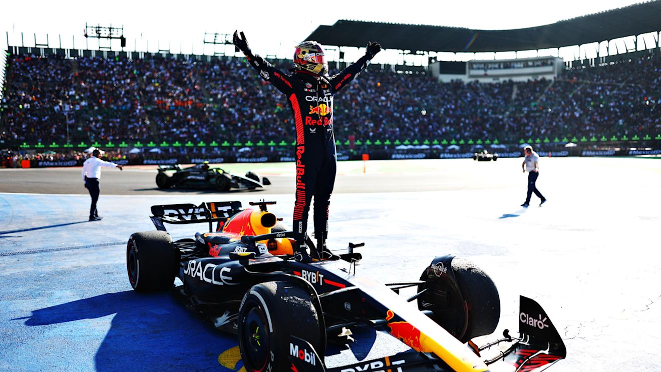 MEXICO CITY, MEXICO - OCTOBER 29: Race winner Max Verstappen of the Netherlands and Oracle Red Bull Racing celebrates on his car in parc ferme the F1 Grand Prix of Mexico at Autodromo Hermanos Rodriguez on October 29, 2023 in Mexico City, Mexico. (Photo by Dan Istitene - Formula 1/Formula 1 via Getty Images)