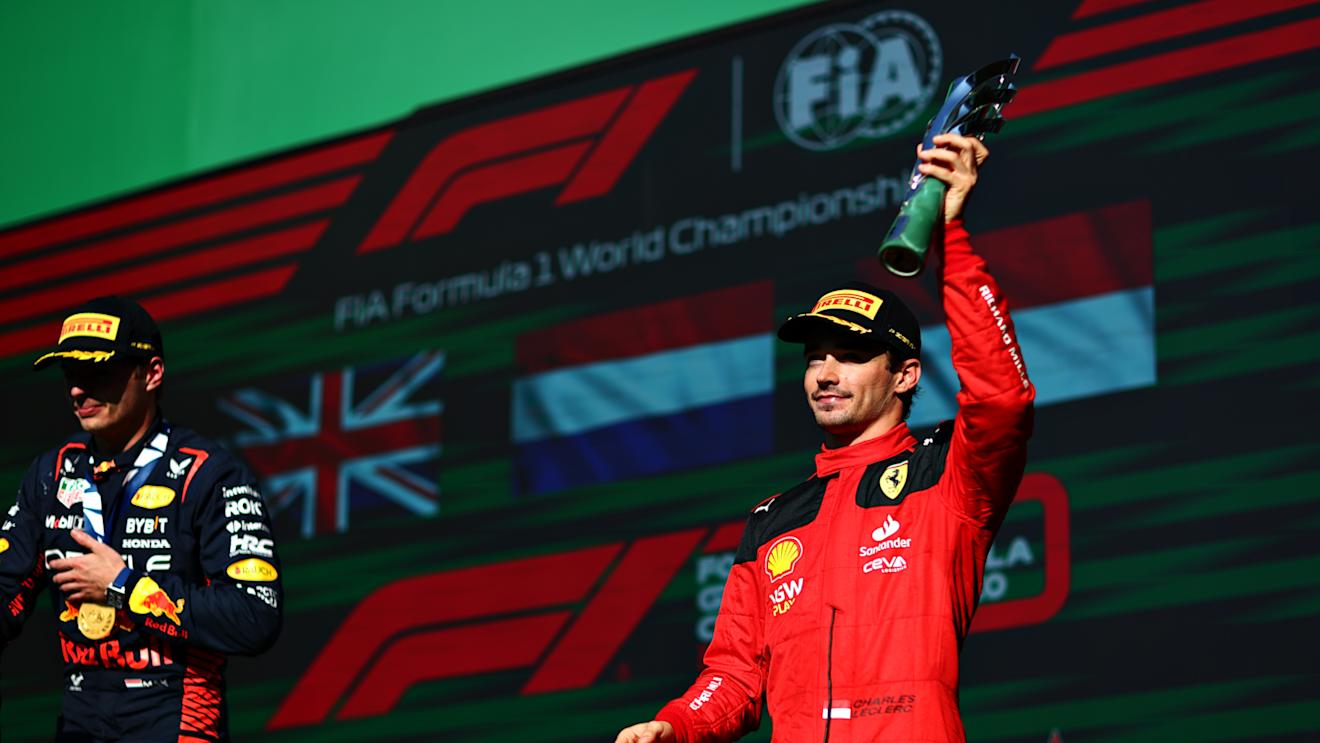 MEXICO CITY, MEXICO - OCTOBER 29: Third placed Charles Leclerc of Monaco and Ferrari celebrates on the podium after the F1 Grand Prix of Mexico at Autodromo Hermanos Rodriguez on October 29, 2023 in Mexico City, Mexico. (Photo by Dan Istitene - Formula 1/Formula 1 via Getty Images)