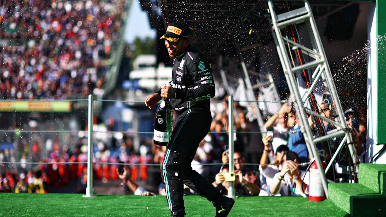 MEXICO CITY, MEXICO - OCTOBER 29: Second placed Lewis Hamilton of Great Britain and Mercedes celebrates on the podium after the F1 Grand Prix of Mexico at Autodromo Hermanos Rodriguez on October 29, 2023 in Mexico City, Mexico. (Photo by Dan Istitene - Formula 1/Formula 1 via Getty Images)