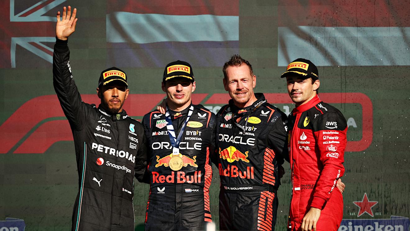 MEXICO CITY, MEXICO - OCTOBER 29: Race winner Max Verstappen of the Netherlands and Oracle Red Bull Racing, Second placed Lewis Hamilton of Great Britain and Mercedes, Third placed Charles Leclerc of Monaco and Ferrari  and Richard Wolverson of Red Bull Racing celebrate on the podium after the F1 Grand Prix of Mexico at Autodromo Hermanos Rodriguez on October 29, 2023 in Mexico City, Mexico. (Photo by Jared C. Tilton/Getty Images)