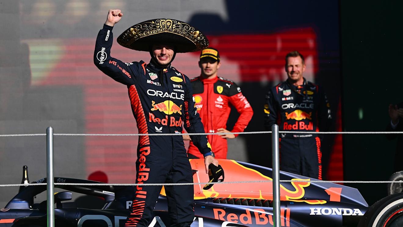 MEXICO CITY, MEXICO - OCTOBER 29: Race winner Max Verstappen of the Netherlands and Oracle Red Bull Racing celebrates on the podium after the F1 Grand Prix of Mexico at Autodromo Hermanos Rodriguez on October 29, 2023 in Mexico City, Mexico. (Photo by Clive Mason - Formula 1/Formula 1 via Getty Images)