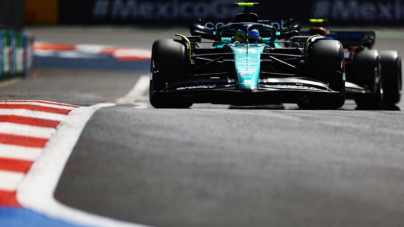 MEXICO CITY, MEXICO - OCTOBER 27: Fernando Alonso of Spain driving the (14) Aston Martin AMR23 Mercedes on track  during practice ahead of the F1 Grand Prix of Mexico at Autodromo Hermanos Rodriguez on October 27, 2023 in Mexico City, Mexico. (Photo by Mark Thompson/Getty Images)