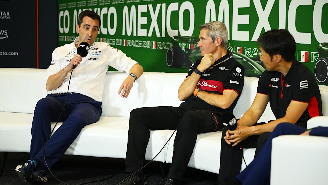 MEXICO CITY, MEXICO - OCTOBER 27: Dave Robson, Head of Vehicle Performance at Williams, Xevi Pujolar, Race Director at Alfa Romeo F1 and Ayao Komatsu, Trackside Engineering Director at Haas F1 attend the Team Principals Press Conference during practice ahead of the F1 Grand Prix of Mexico at Autodromo Hermanos Rodriguez on October 27, 2023 in Mexico City, Mexico. (Photo by Clive Mason/Getty Images)