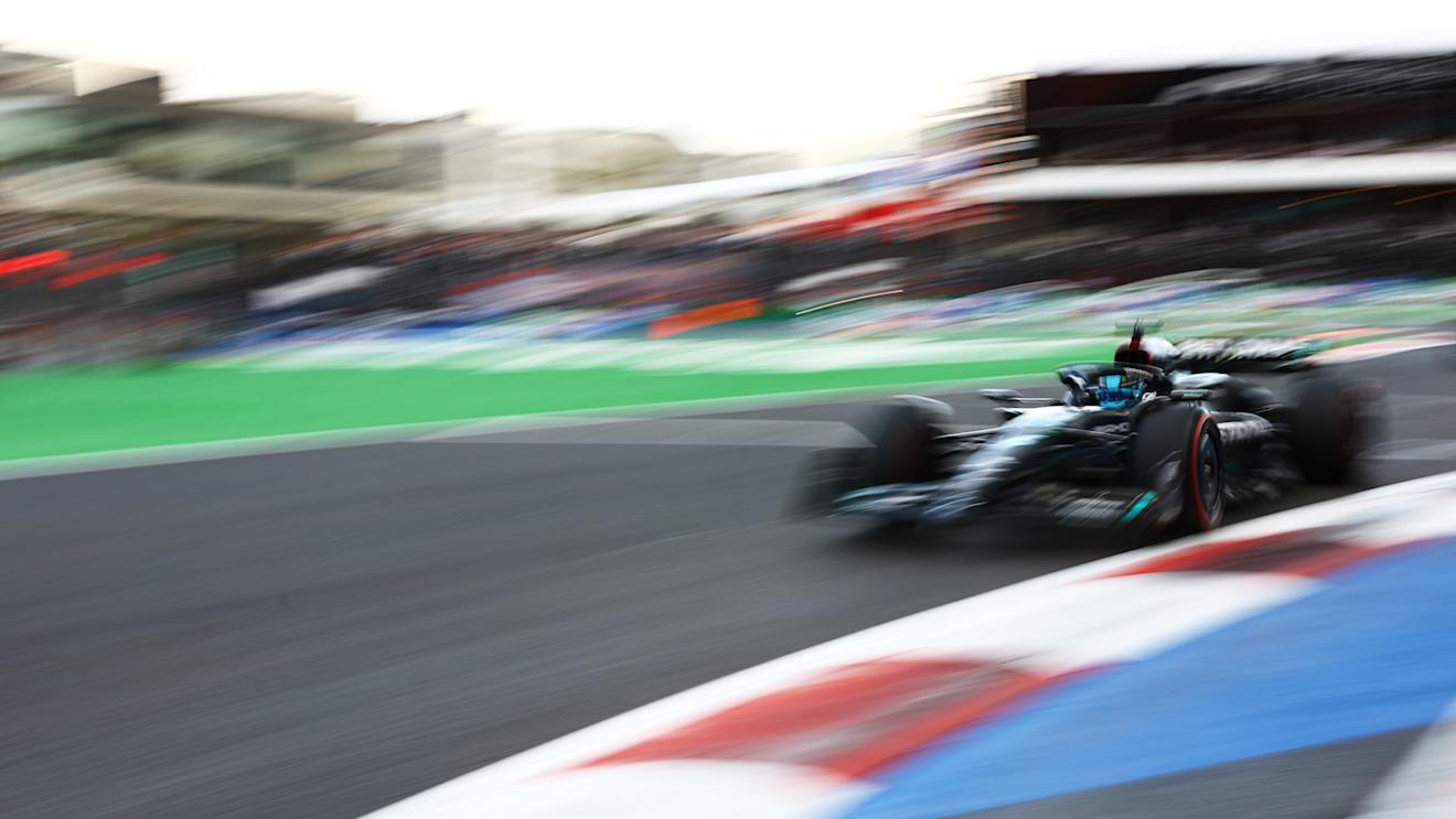 MEXICO CITY, MEXICO - OCTOBER 27: George Russell of Great Britain driving the (63) Mercedes AMG Petronas F1 Team W14 on track during practice ahead of the F1 Grand Prix of Mexico at Autodromo Hermanos Rodriguez on October 27, 2023 in Mexico City, Mexico. (Photo by Mark Thompson/Getty Images)