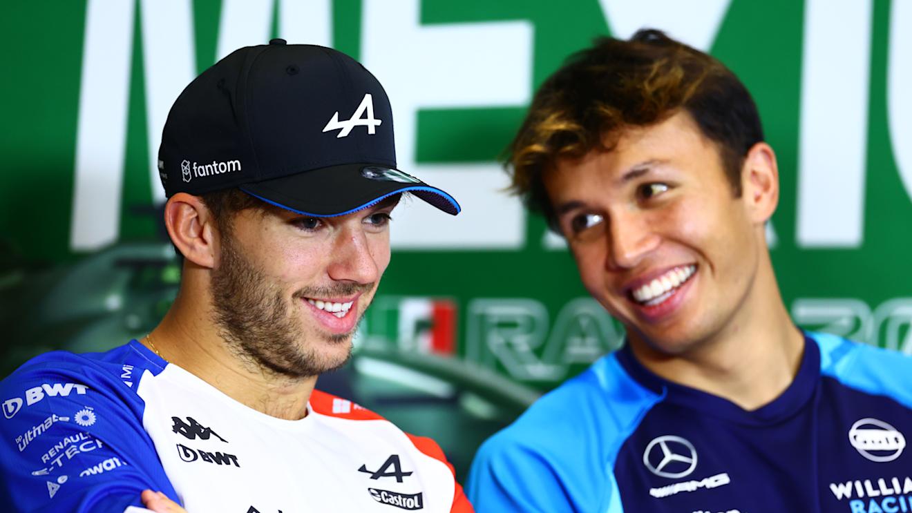 MEXICO CITY, MEXICO - OCTOBER 26: Pierre Gasly of France and Alpine F1 and Alexander Albon of Thailand and Williams talk in the Drivers Press Conference  during previews ahead of the F1 Grand Prix of Mexico at Autodromo Hermanos Rodriguez on October 26, 2023 in Mexico City, Mexico. (Photo by Dan Istitene/Getty Images)