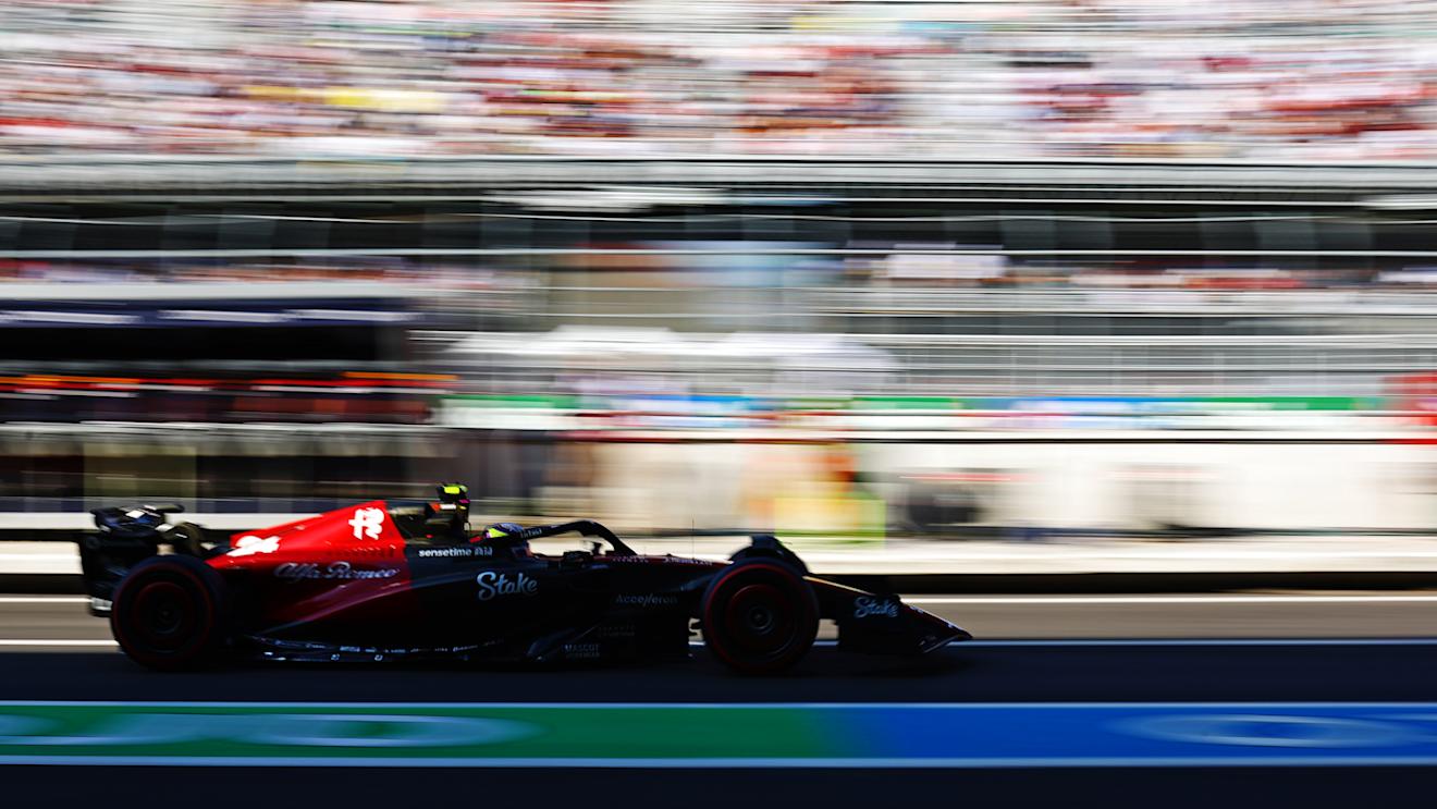 MEXICO CITY, MEXICO - OCTOBER 28: Zhou Guanyu of China driving the (24) Alfa Romeo F1 C43 Ferrari in the Pitlane during qualifying ahead of the F1 Grand Prix of Mexico at Autodromo Hermanos Rodriguez on October 28, 2023 in Mexico City, Mexico. (Photo by Mark Thompson/Getty Images)