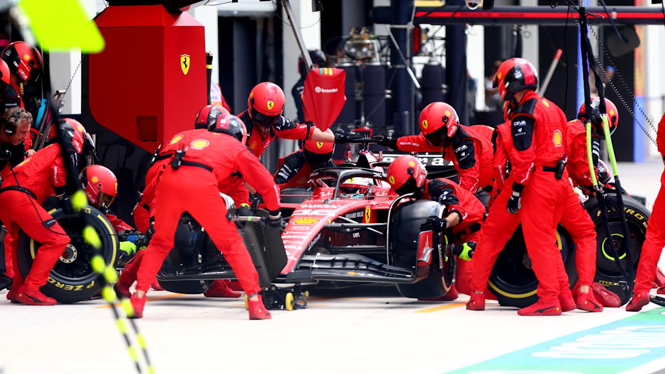 MIAMI, FLORIDA - MAY 07: Charles Leclerc of Monaco driving the (16) Ferrari SF-23 makes a pitstop during the F1 Grand Prix of Miami at Miami International Autodrome on May 07, 2023 in Miami, Florida. (Photo by Dan Istitene - Formula 1/Formula 1 via Getty Images)