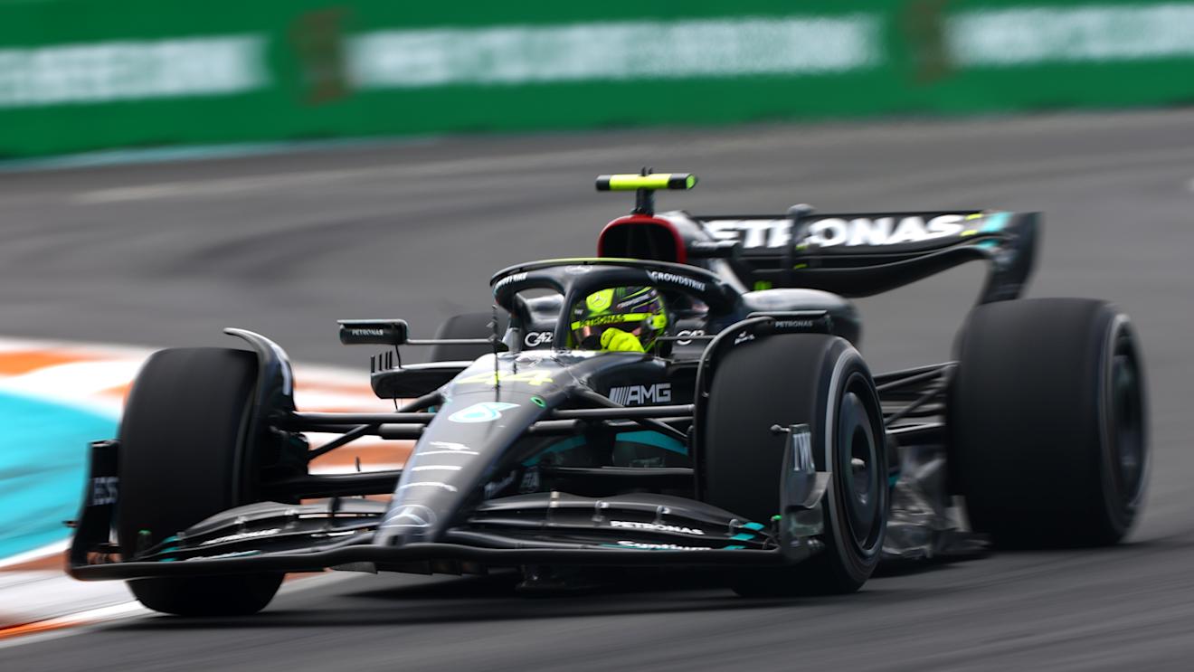 MIAMI, FLORIDA - MAY 07: Lewis Hamilton of Great Britain driving the (44) Mercedes AMG Petronas F1 Team W14 on track during the F1 Grand Prix of Miami at Miami International Autodrome on May 07, 2023 in Miami, Florida. (Photo by Mark Thompson/Getty Images)
