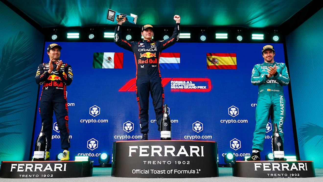 MIAMI, FLORIDA - MAY 07: Race winner Max Verstappen of the Netherlands and Oracle Red Bull Racing (C) celebrates on the podium between Second placed Sergio Perez of Mexico and Oracle Red Bull Racing (L) and Third placed Fernando Alonso of Spain and Aston Martin F1 Team (R) during the F1 Grand Prix of Miami at Miami International Autodrome on May 07, 2023 in Miami, Florida. (Photo by Dan Istitene - Formula 1/Formula 1 via Getty Images)