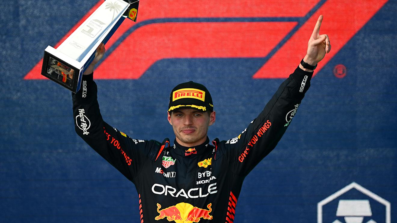 MIAMI, FLORIDA - MAY 07: Race winner Max Verstappen of the Netherlands and Oracle Red Bull Racing celebrates on the podium during the F1 Grand Prix of Miami at Miami International Autodrome on May 07, 2023 in Miami, Florida. (Photo by Clive Mason - Formula 1/Formula 1 via Getty Images)