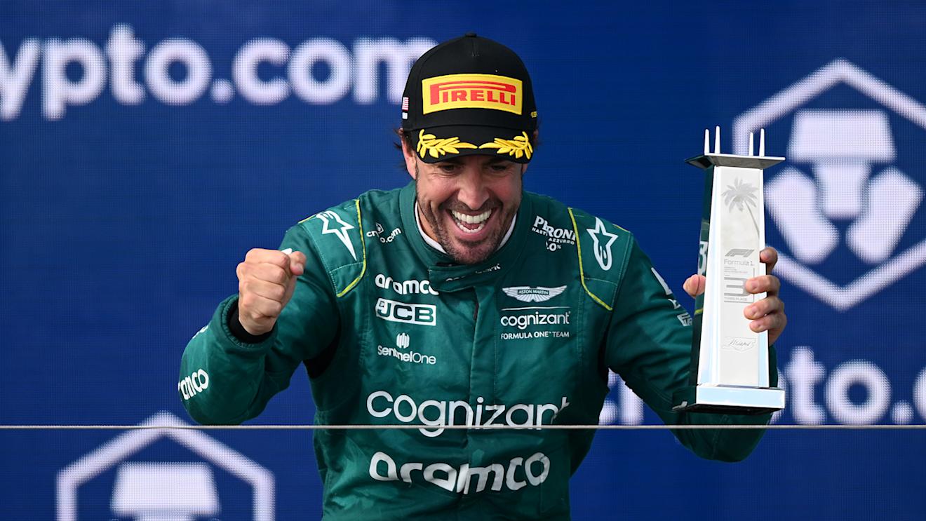 MIAMI, FLORIDA - MAY 07: Third placed Fernando Alonso of Spain and Aston Martin F1 Team celebrates on the podium during the F1 Grand Prix of Miami at Miami International Autodrome on May 07, 2023 in Miami, Florida. (Photo by Clive Mason - Formula 1/Formula 1 via Getty Images)
