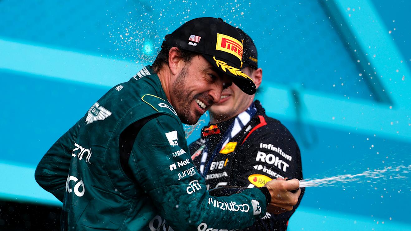 MIAMI, FLORIDA - MAY 07: Third placed Fernando Alonso of Spain and Aston Martin F1 Team celebrates on the podium during the F1 Grand Prix of Miami at Miami International Autodrome on May 07, 2023 in Miami, Florida. (Photo by Chris Graythen/Getty Images)