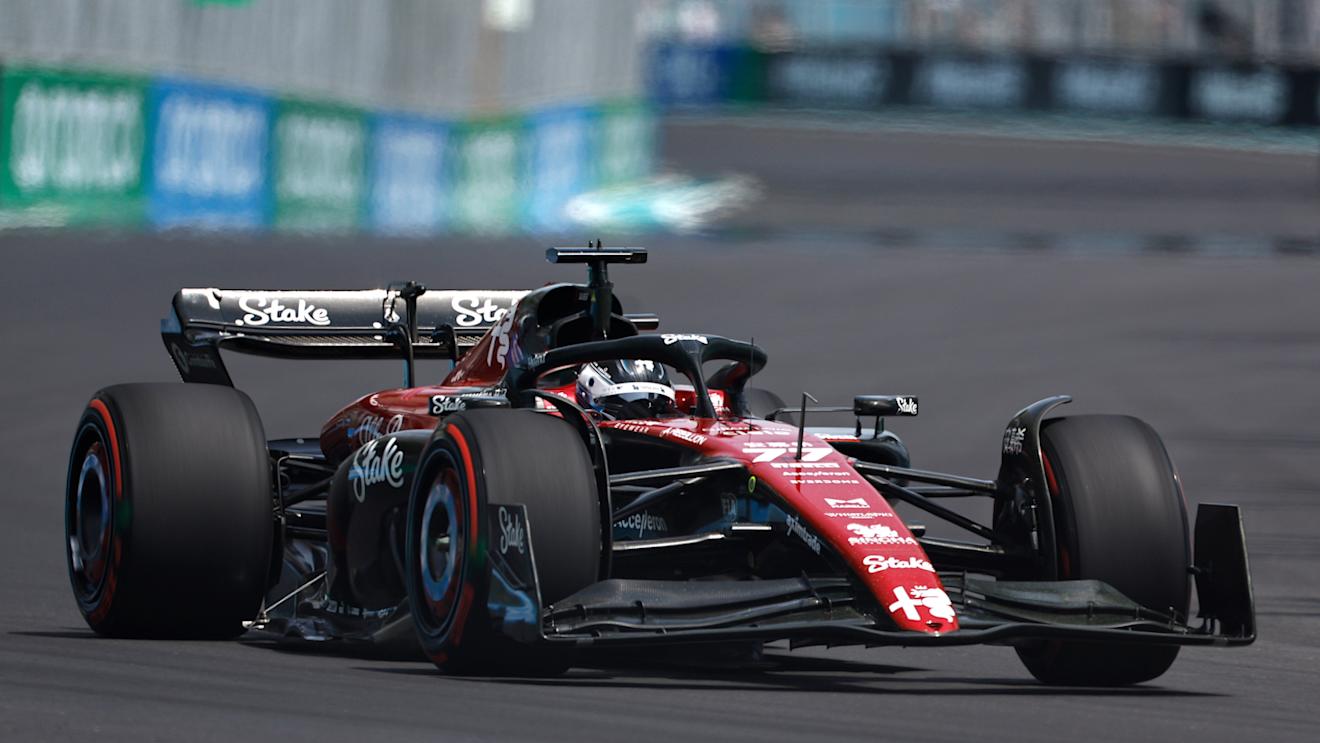 MIAMI, FLORIDA - MAY 05: Valtteri Bottas of Finland driving the (77) Alfa Romeo F1 C43 Ferrari on track during practice ahead of the F1 Grand Prix of Miami at Miami International Autodrome on May 05, 2023 in Miami, Florida. (Photo by Chris Graythen/Getty Images)