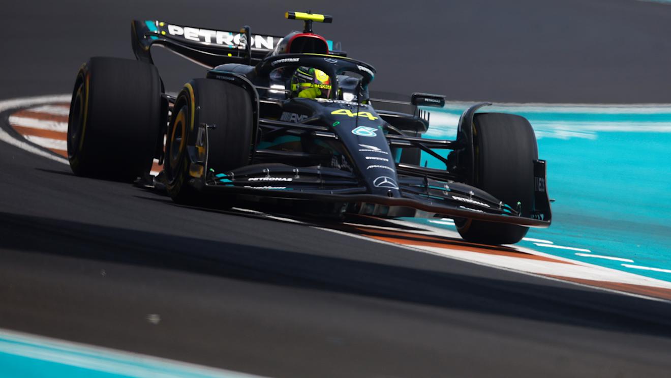MIAMI, FLORIDA - MAY 05: Lewis Hamilton of Great Britain driving the (44) Mercedes AMG Petronas F1 Team W14 on track during practice ahead of the F1 Grand Prix of Miami at Miami International Autodrome on May 05, 2023 in Miami, Florida. (Photo by Chris Graythen/Getty Images)