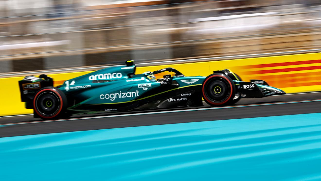 MIAMI, FLORIDA - MAY 05: Fernando Alonso of Spain driving the (14) Aston Martin AMR23 Mercedes on track during practice ahead of the F1 Grand Prix of Miami at Miami International Autodrome on May 05, 2023 in Miami, Florida. (Photo by Chris Graythen/Getty Images)