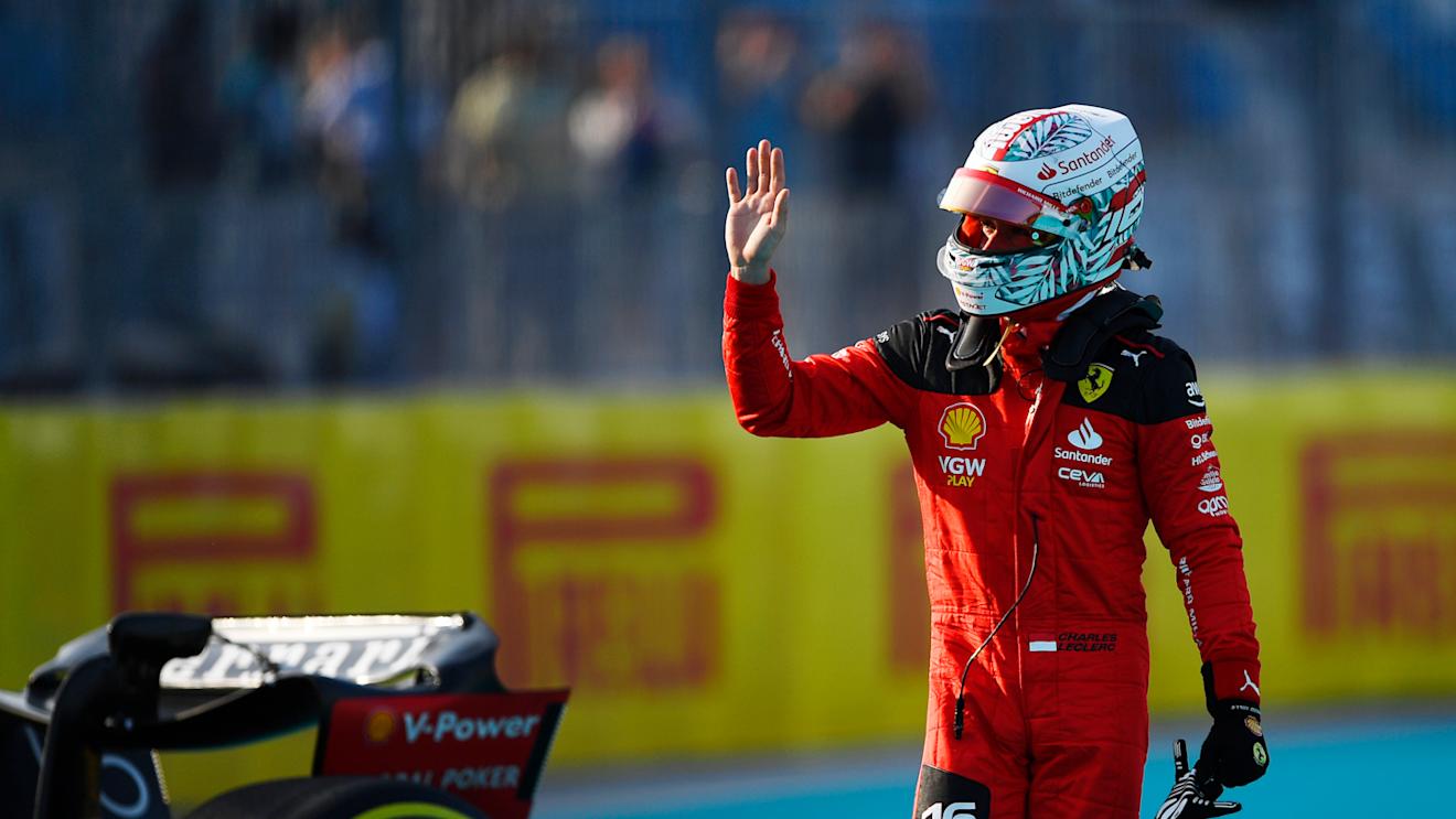 MIAMI, FLORIDA - MAY 05: Charles Leclerc of Monaco and Ferrari waves to the crowd after crashing during practice ahead of the F1 Grand Prix of Miami at Miami International Autodrome on May 05, 2023 in Miami, Florida. (Photo by Rudy Carezzevoli/Getty Images)
