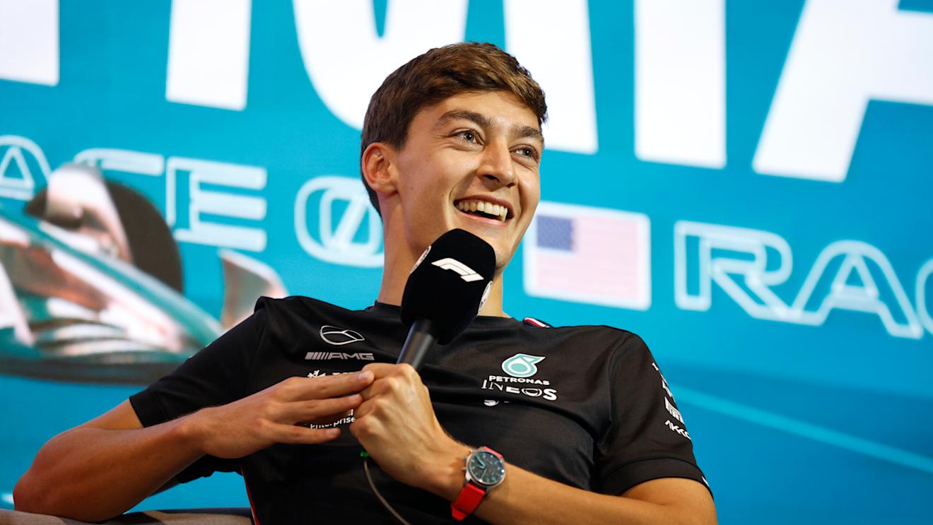 MIAMI, FLORIDA - MAY 04: George Russell of Great Britain and Mercedes looks on in the Drivers Press Conference during previews ahead of the F1 Grand Prix of Miami at Miami International Autodrome on May 04, 2023 in Miami, Florida. (Photo by Jared C. Tilton/Getty Images)