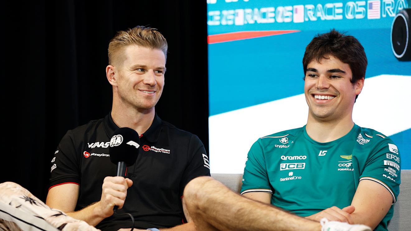 MIAMI, FLORIDA - MAY 04: Nico Hulkenberg of Germany and Haas F1 and Lance Stroll of Canada and Aston Martin F1 Team attend the Drivers Press Conference during previews ahead of the F1 Grand Prix of Miami at Miami International Autodrome on May 04, 2023 in Miami, Florida. (Photo by Jared C. Tilton/Getty Images)