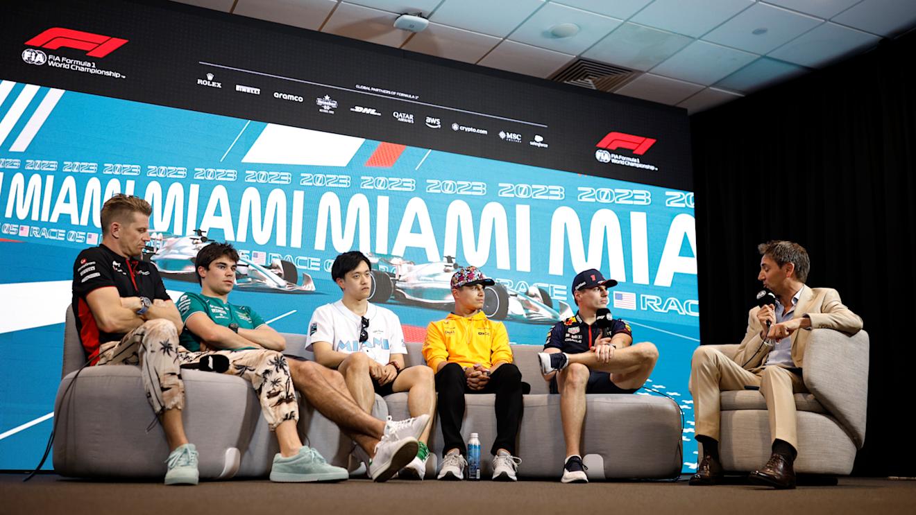 MIAMI, FLORIDA - MAY 04: The Drivers Press Conference with Nico Hulkenberg of Germany and Haas F1, Lance Stroll of Canada and Aston Martin F1 Team, Zhou Guanyu of China and Alfa Romeo F1, Lando Norris of Great Britain and McLaren and Max Verstappen of the Netherlands and Oracle Red Bull Racing during previews ahead of the F1 Grand Prix of Miami at Miami International Autodrome on May 04, 2023 in Miami, Florida. (Photo by Jared C. Tilton/Getty Images)