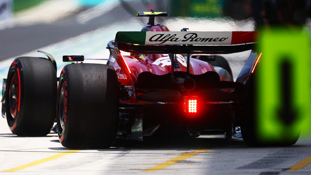 MIAMI, FLORIDA - MAY 06: Zhou Guanyu of China driving the (24) Alfa Romeo F1 C43 Ferrari makes a pitstop during final practice ahead of the F1 Grand Prix of Miami at Miami International Autodrome on May 06, 2023 in Miami, Florida. (Photo by Mark Thompson/Getty Images)