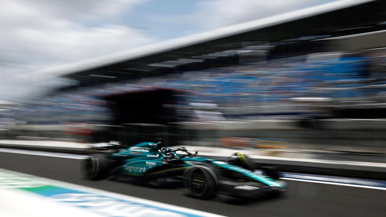 MIAMI, FLORIDA - MAY 06: Lance Stroll of Canada driving the (18) Aston Martin AMR23 Mercedes in the Pitlane during final practice ahead of the F1 Grand Prix of Miami at Miami International Autodrome on May 06, 2023 in Miami, Florida. (Photo by Chris Graythen/Getty Images)