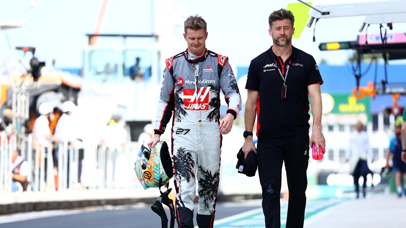 MIAMI, FLORIDA - MAY 06: 12th placed qualifier Nico Hulkenberg of Germany and Haas F1 walks in the Pitlane during qualifying ahead of the F1 Grand Prix of Miami at Miami International Autodrome on May 06, 2023 in Miami, Florida. (Photo by Mark Thompson/Getty Images)