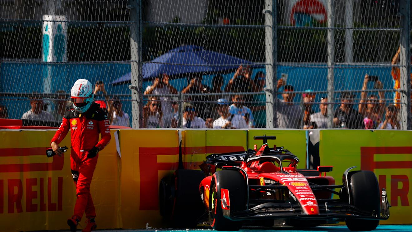 MIAMI, FLORIDA - MAY 06: Charles Leclerc of Monaco and Ferrari walks from his car after crashing during qualifying ahead of the F1 Grand Prix of Miami at Miami International Autodrome on May 06, 2023 in Miami, Florida. (Photo by Jared C. Tilton/Getty Images)
