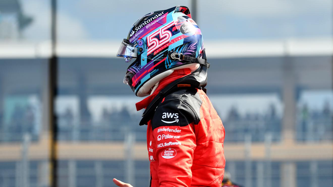 MIAMI, FLORIDA - MAY 06: Third placed qualifier Carlos Sainz of Spain and Ferrari climbs from his car in parc ferme during qualifying ahead of the F1 Grand Prix of Miami at Miami International Autodrome on May 06, 2023 in Miami, Florida. (Photo by Rudy Carezzevoli/Getty Images)