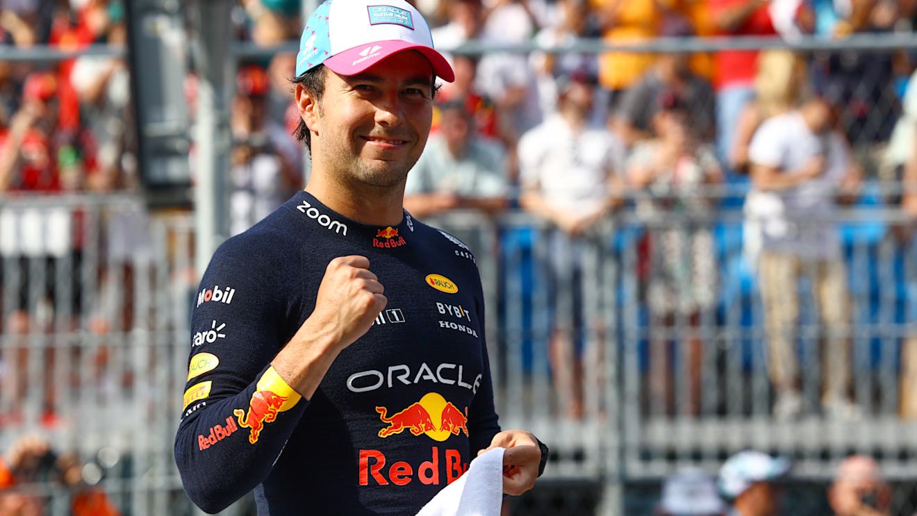 MIAMI, FLORIDA - MAY 06: Pole position qualifier Sergio Perez of Mexico and Oracle Red Bull Racing celebrates in parc ferme during qualifying ahead of the F1 Grand Prix of Miami at Miami International Autodrome on May 06, 2023 in Miami, Florida. (Photo by Mark Thompson/Getty Images)