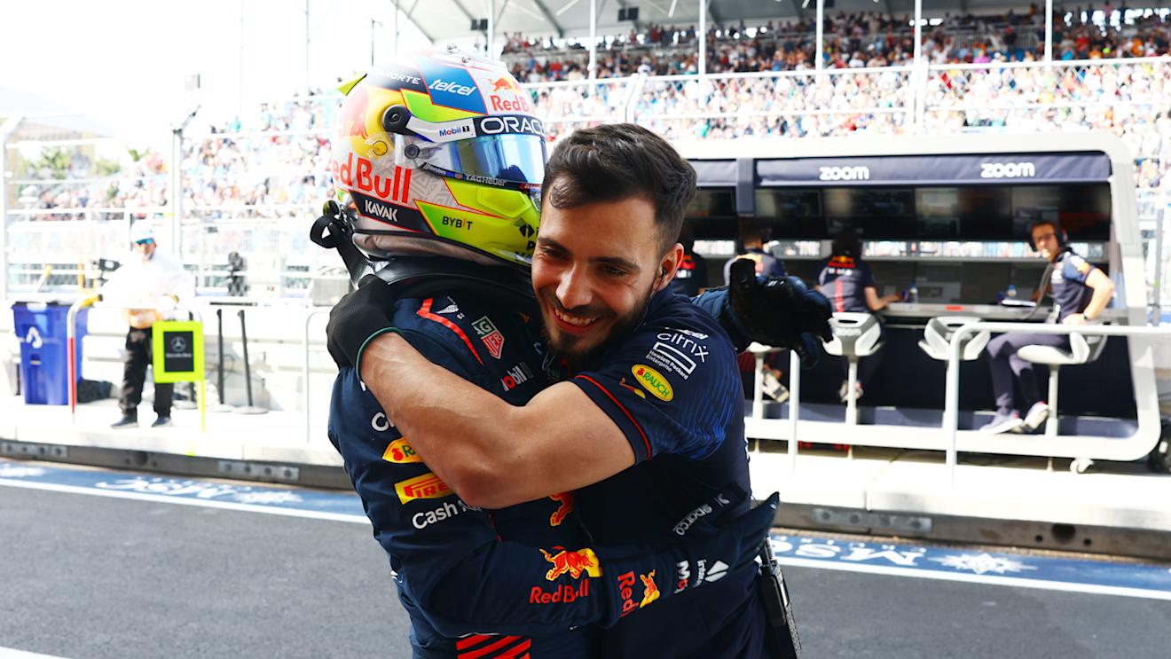 MIAMI, FLORIDA - MAY 06: Pole position qualifier Sergio Perez of Mexico and Oracle Red Bull Racing celebrates in parc ferme during qualifying ahead of the F1 Grand Prix of Miami at Miami International Autodrome on May 06, 2023 in Miami, Florida. (Photo by Mark Thompson/Getty Images)