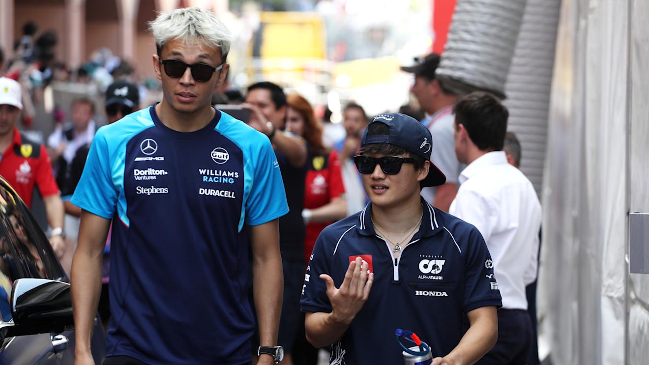 MONTE-CARLO, MONACO - MAY 28: Alexander Albon of Thailand and Williams and Yuki Tsunoda of Japan and Scuderia AlphaTauri talk on the drivers parade prior to the F1 Grand Prix of Monaco at Circuit de Monaco on May 28, 2023 in Monte-Carlo, Monaco. (Photo by Peter Fox/Getty Images)